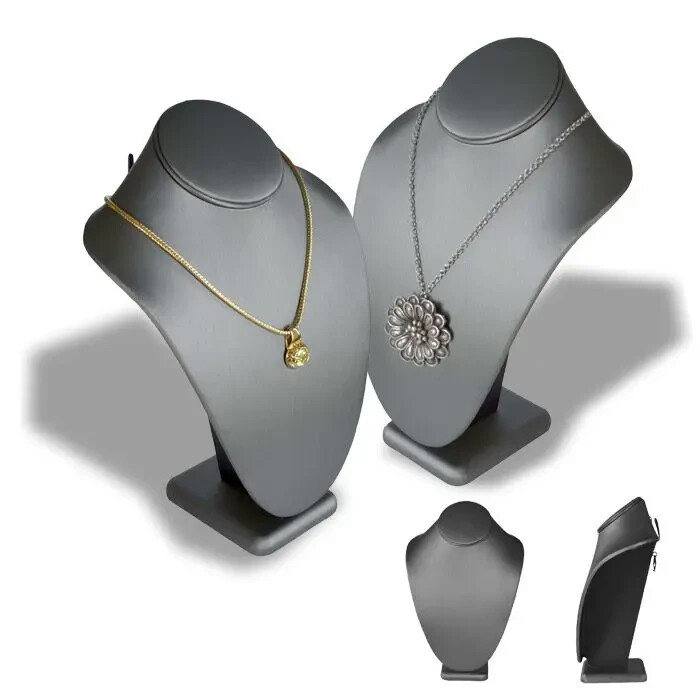 11″ Tall Steel Grey Leatherette Jewelry Necklace Display Bust Stand