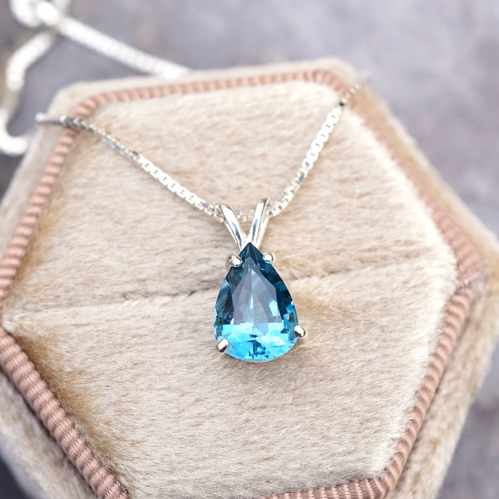 Blue Topaz Pear Teardrop 925 Sterling Silver Pendant Necklace Gift Sliver Chain