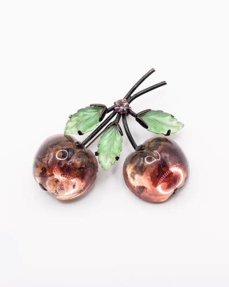 Vintage 50s Signed Austria Double Glossy Glass Cherry Brooch Pin