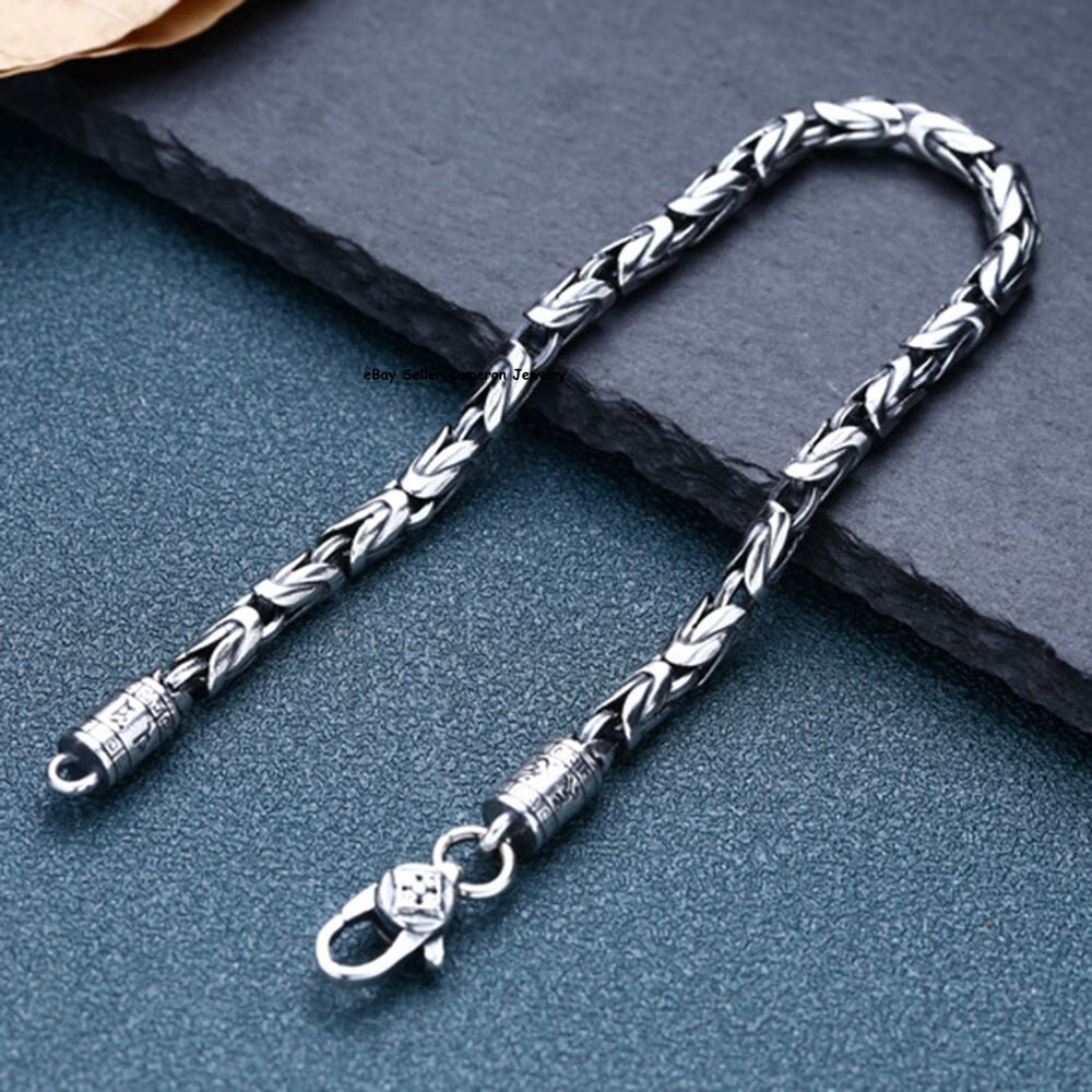 Pure S925 Sterling Silver Chain Solid 4mm Byzantine Link Bracelet 7.1-7.9inch