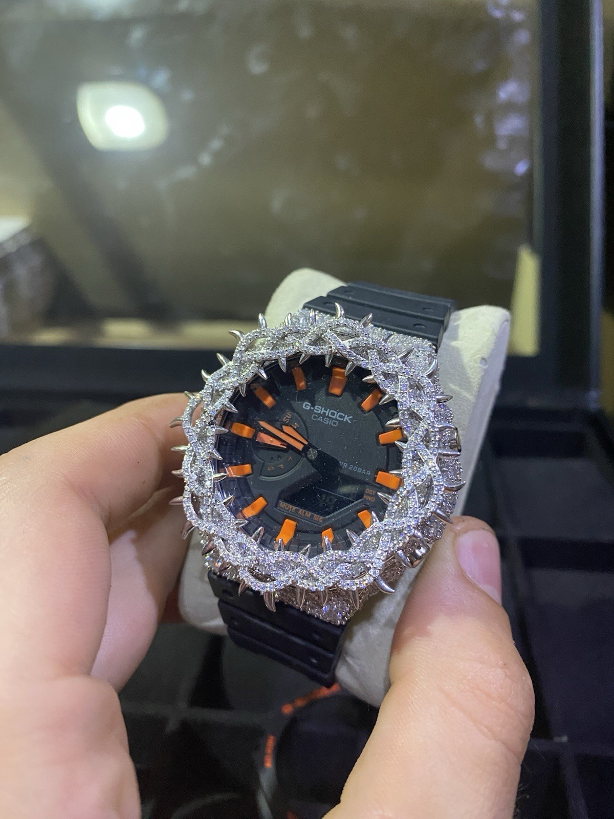 Black & Orange Casio G-shock Watch VVS Moissanite Diamond Bezel