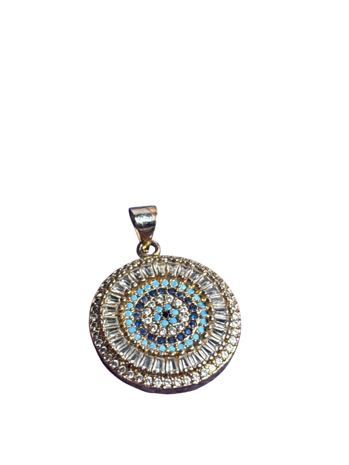Rhinestone Medallion Pendant Clear Blue Goldtone 0.75 inch