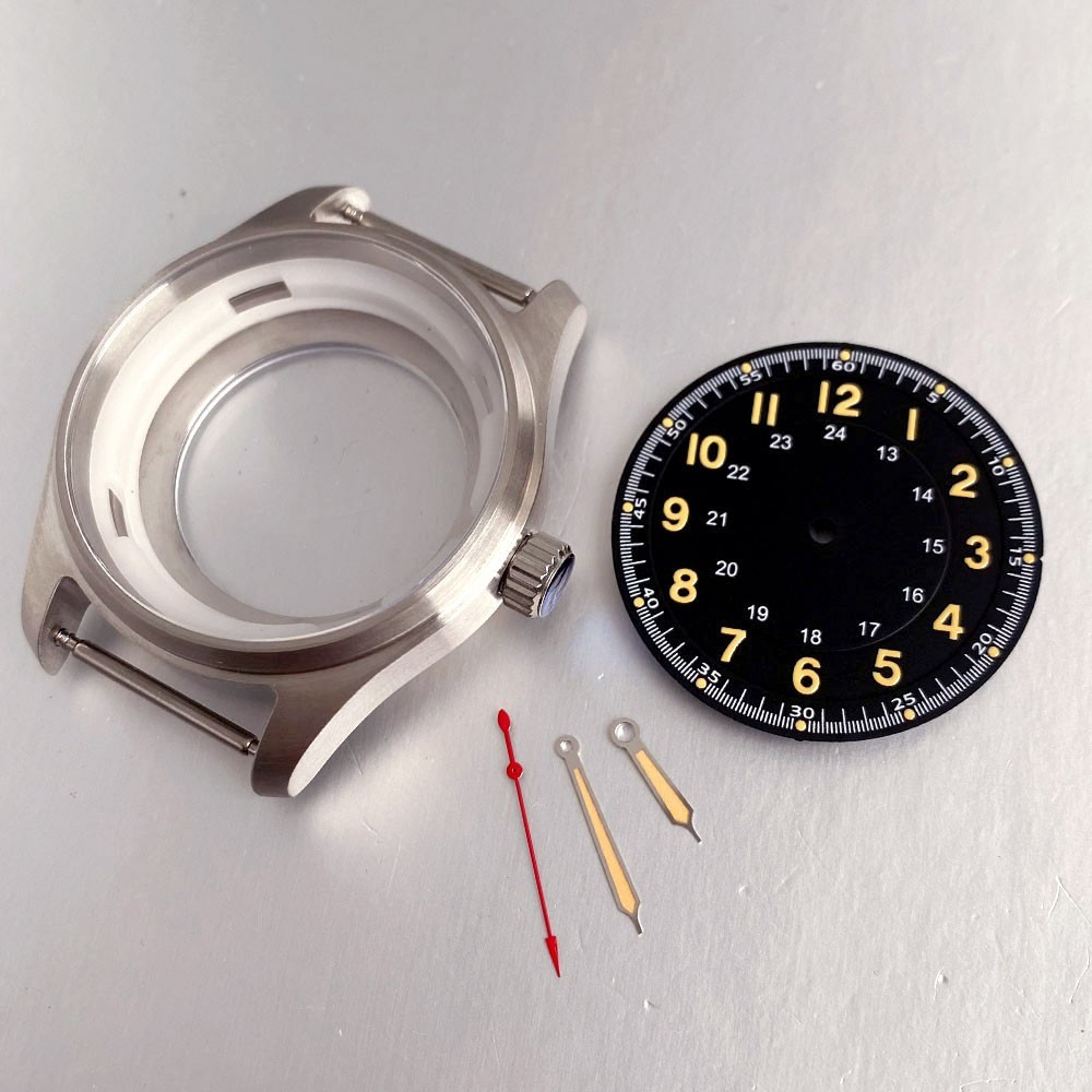 39mm Pilot Watch Case+Dial+Hands Set Fit NH35 ETA2824 PT5000 Miyota82 Clear Back