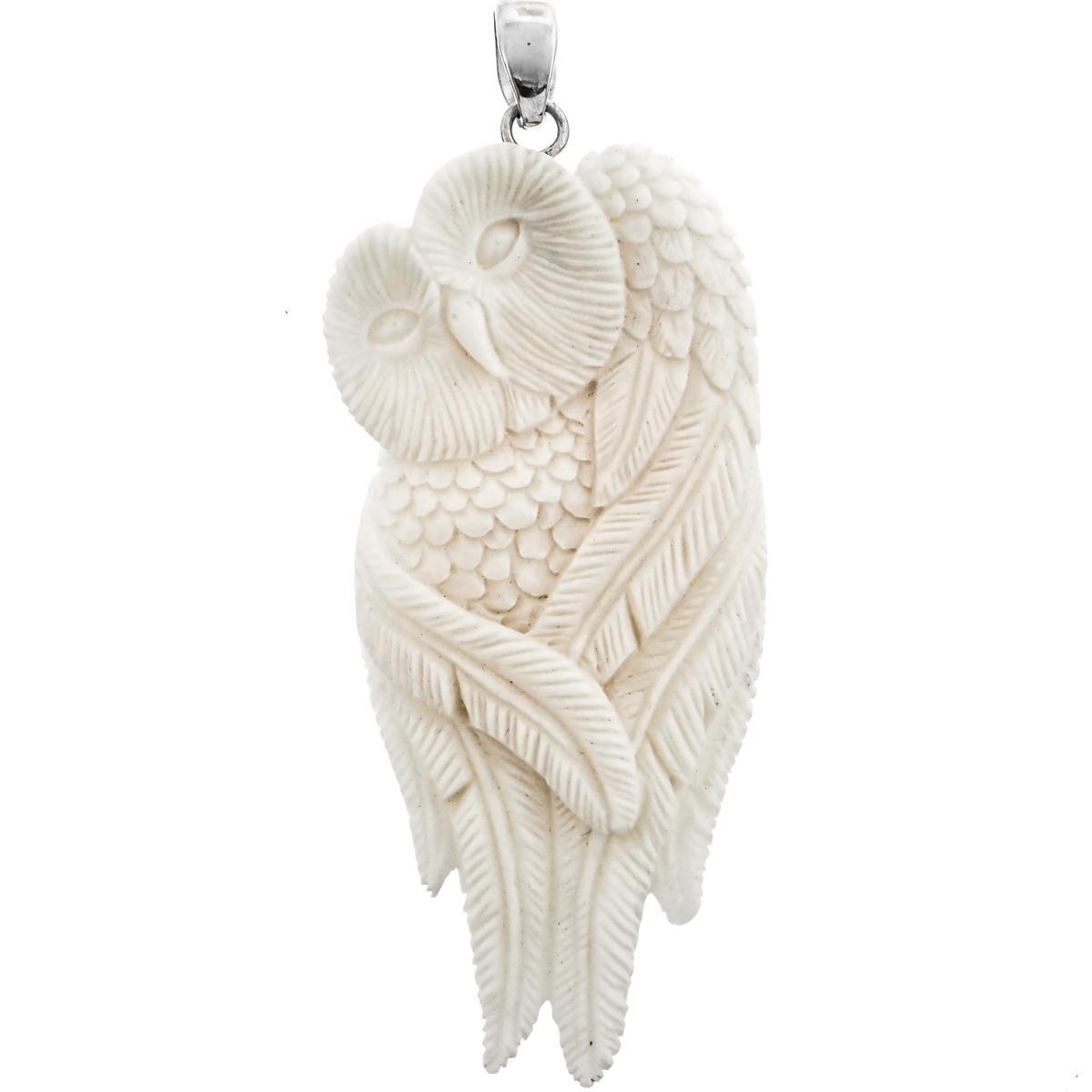 925 Silver Owl Feather Handcarved Bison Bone Carving Sterling Pendant, 3″
