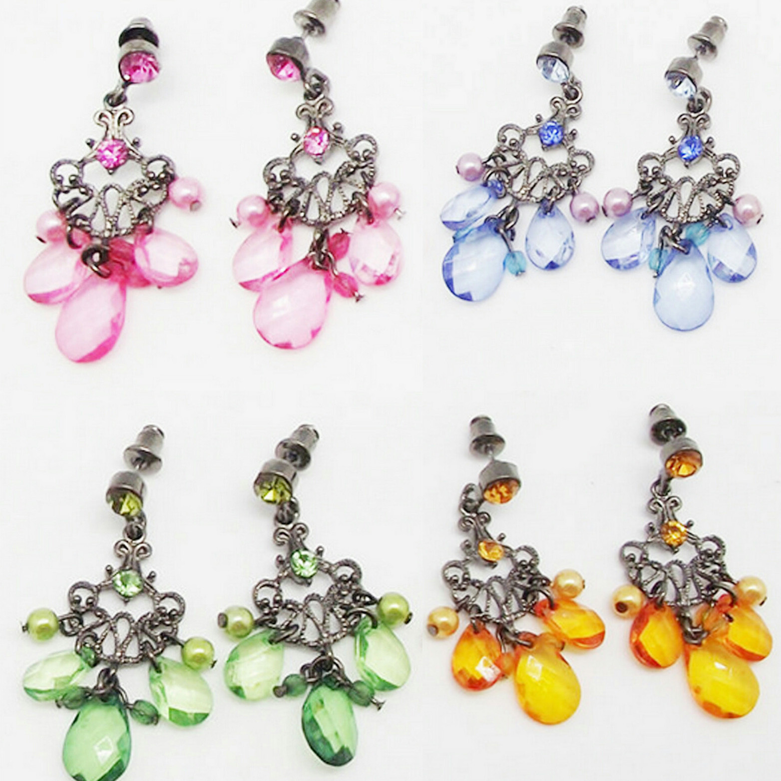 1.75 in PINK BLUE GREEN GOLD CRYSTAL ACRYLIC DROP SILVER BUTTERFLY EARRINGS NEW