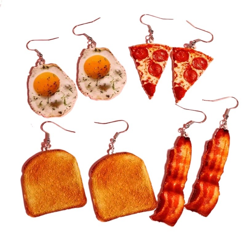 4 Pairs of Fun Acrylic Omelet, Pizza, Toast, and Bacon Food Pendant Earrings