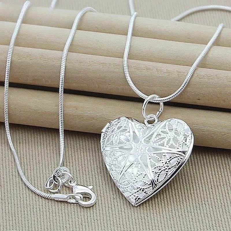 925 Sterling Silver Photo Frame Pendant Necklace Snake Chain Women 18-24in