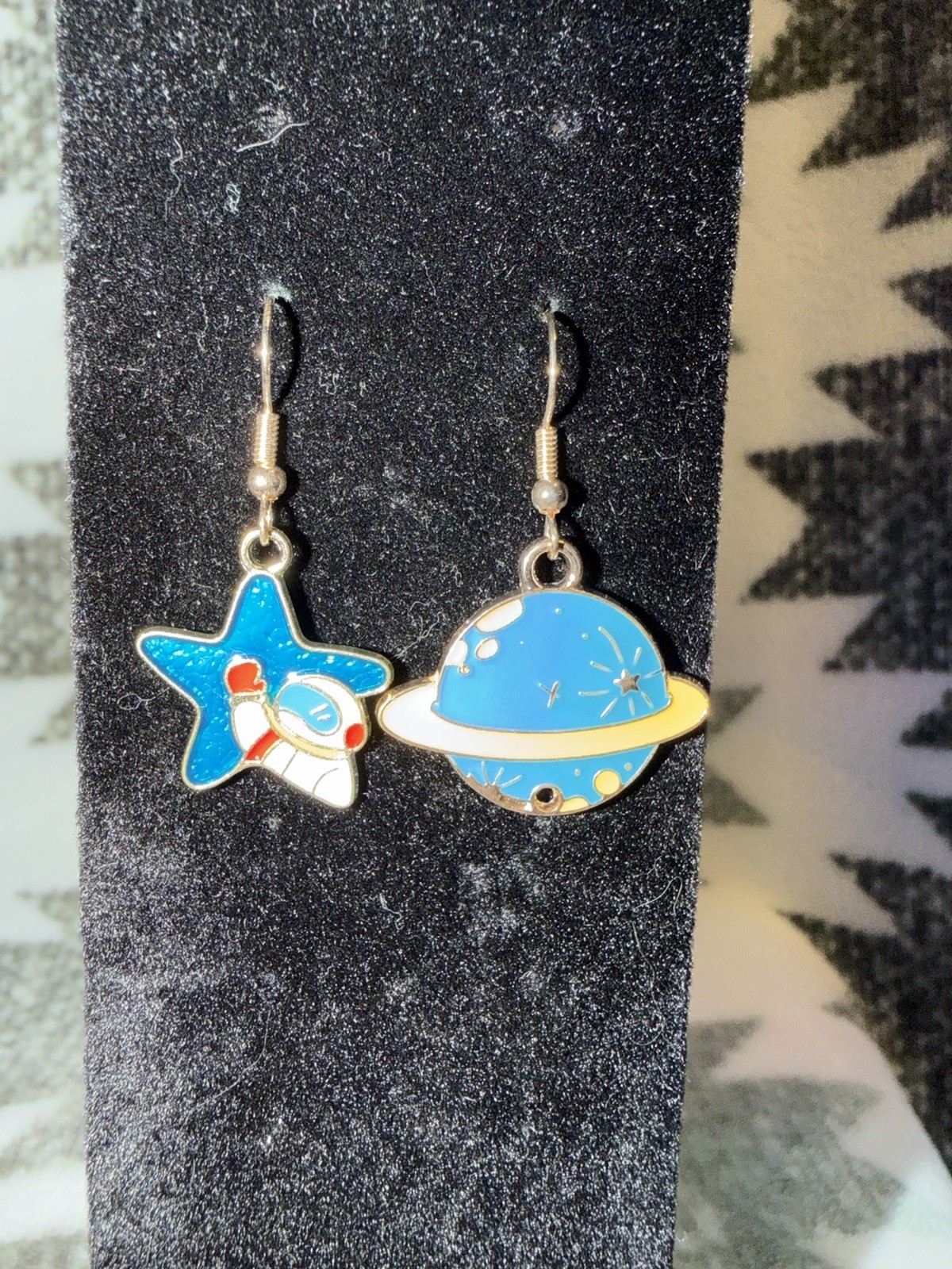 Blue Enamel Space Astronomy Asymmetrical Dangle Drop Earrings w/ Hook Closure
