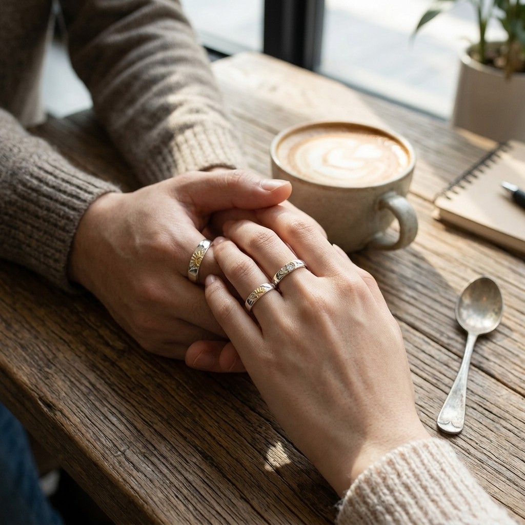 Adjustable Matching Wedding Bands Couple Promise Ring Set Sun Moon Star