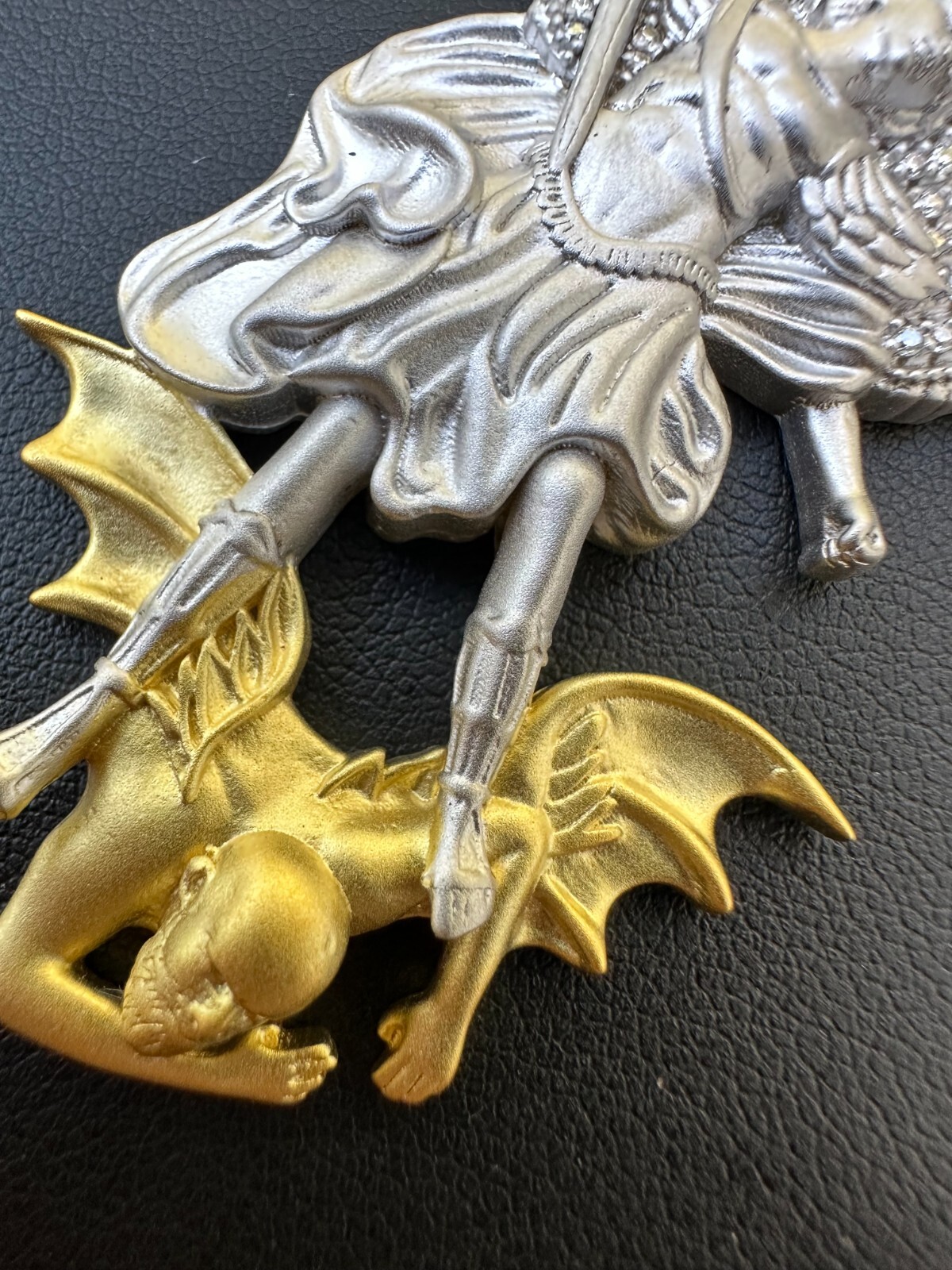 MOISSANITE St Michael Slaying Dragon Pendant 925 Silver & 14k Gold Necklace Iced