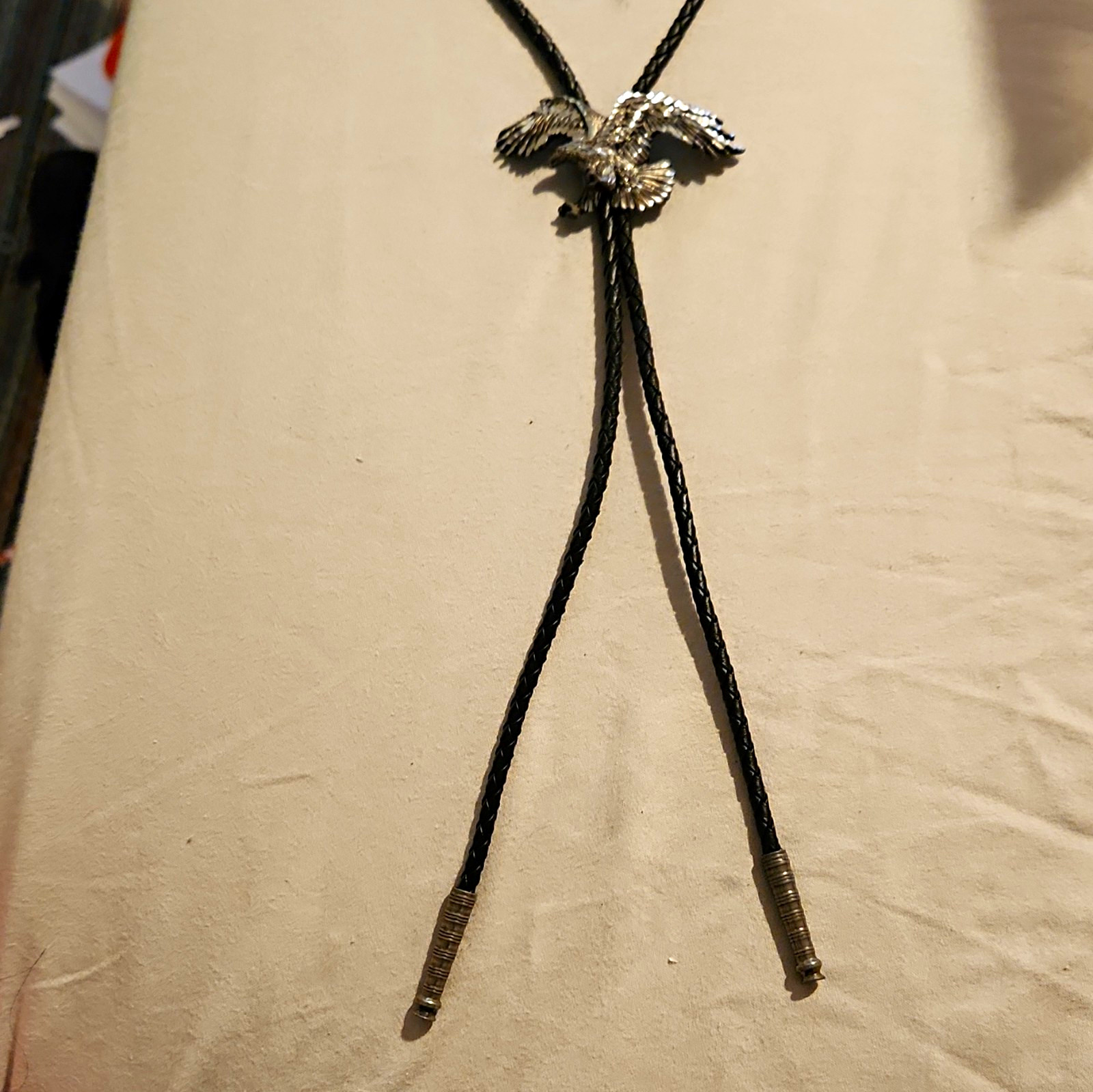 Vintage 1995 EJC Pewter Eagle Bolo Tie Western Cowboy Braided Leather Cord