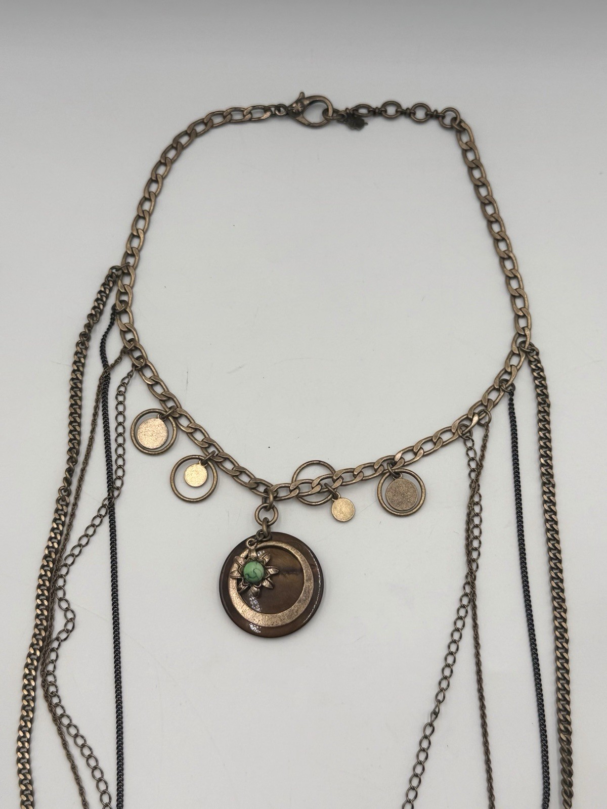 Lucky Brand Layered Boho Coin Charm Statement Necklace Bronze Turquoise Tone