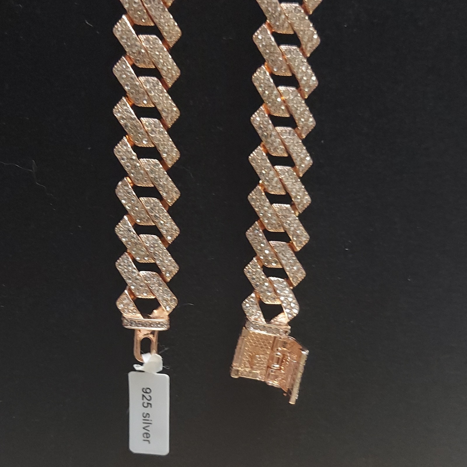 925 Silver Rose Gold Tone Cuban Link Chain Necklace Pavé Crystal Box Clasp