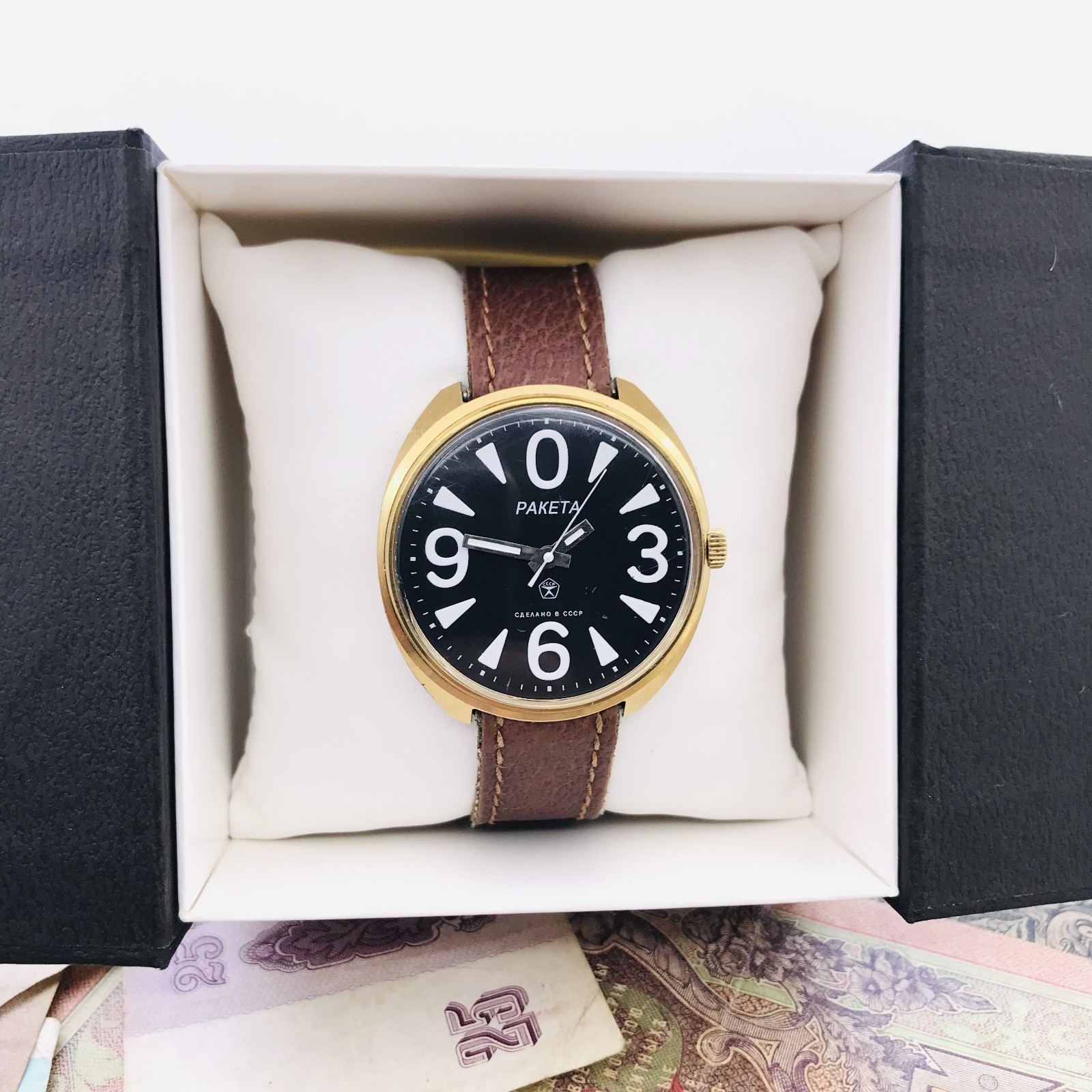 Vintage USSR Raketa Big Zero Gold Plated Black Dial Mechanical Watch 1980s