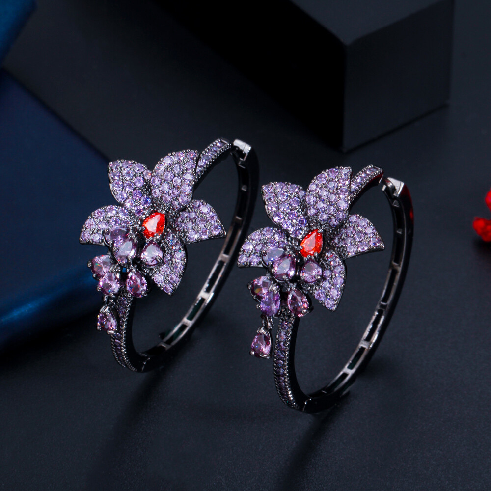 Black Gold Plated Purple CZ Large Round Dangle Drop Tassel Flower Hoop Earrings