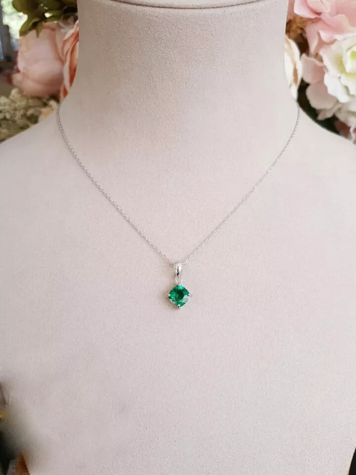 2 CT Cushion Solitaire Green Emerald Pendant With Free Chain 14K White Gold FN