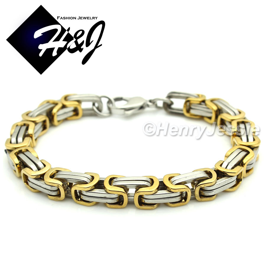9″MEN’s Stainless Steel 9mm Silver/Gold Plated Byzantine Box Link Chain Bracelet