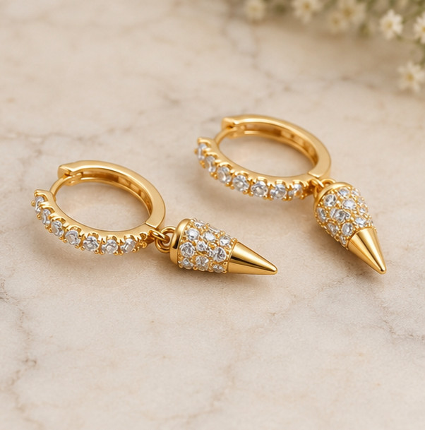 2Ct Round Cut Simulated Diamond Spike Drop Hoop Earrings 14K Yellow Gold Plated
