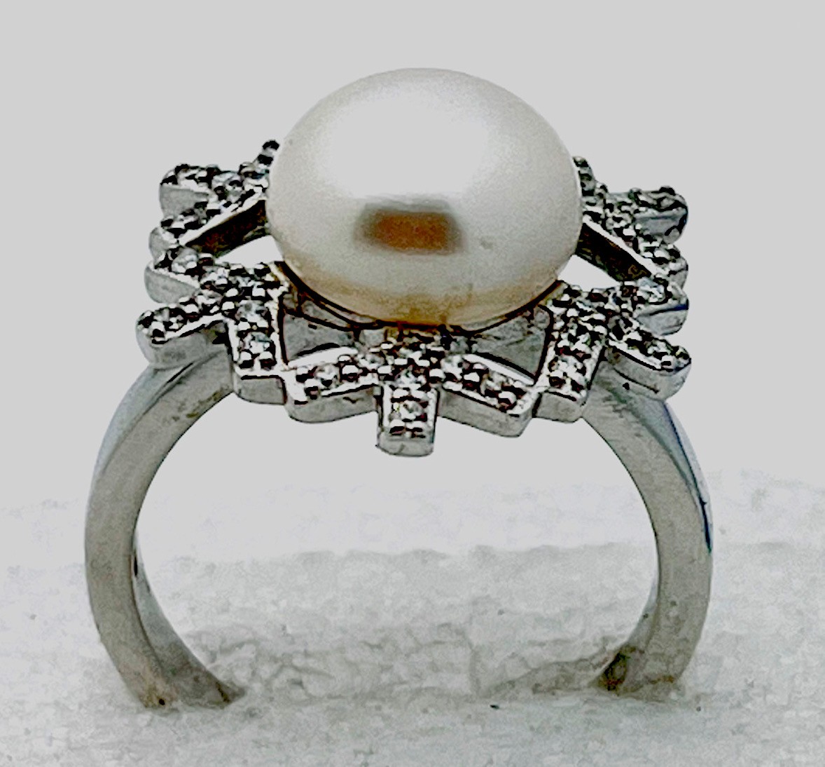 Sterling Silver 925 5.3 Gram Prong Set 42 CZ Genuine Pearl Ring Size 7 1/2