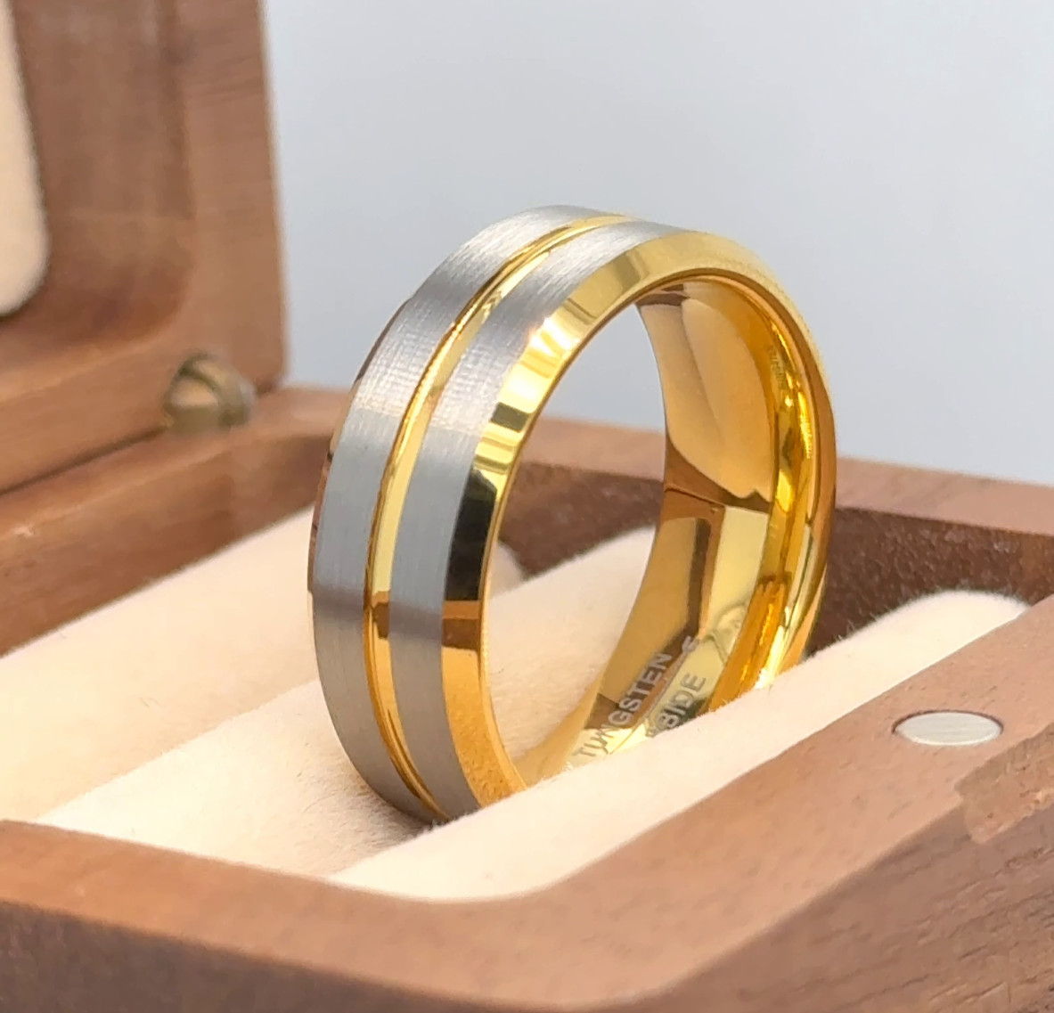 Two Stripes Center Ring Couple Ring Gifts Gold Tungsten Band Gunmetal Brushed