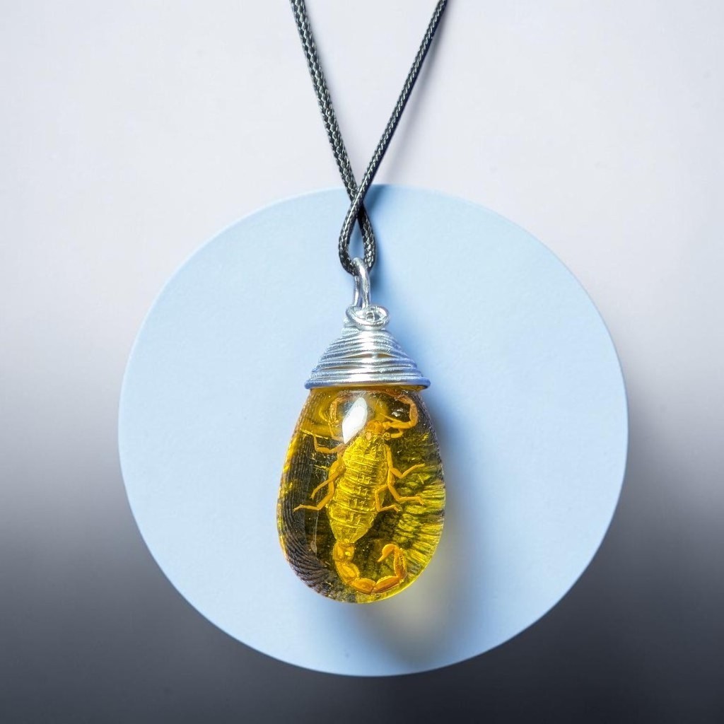 Resin Teardrop Scorpion Charm Pendant Wire Wrapped And Handmade Silver Cord