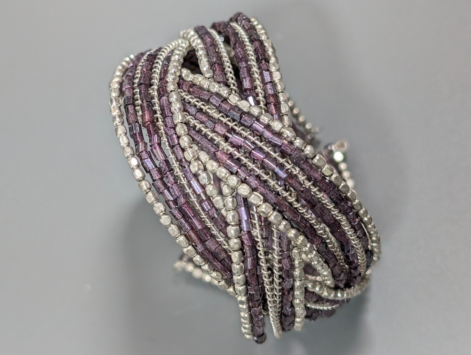 Beachy Coastal Purple Glass Bead Silver Tone Braided Open Cuff Bracelet 6.5 in
