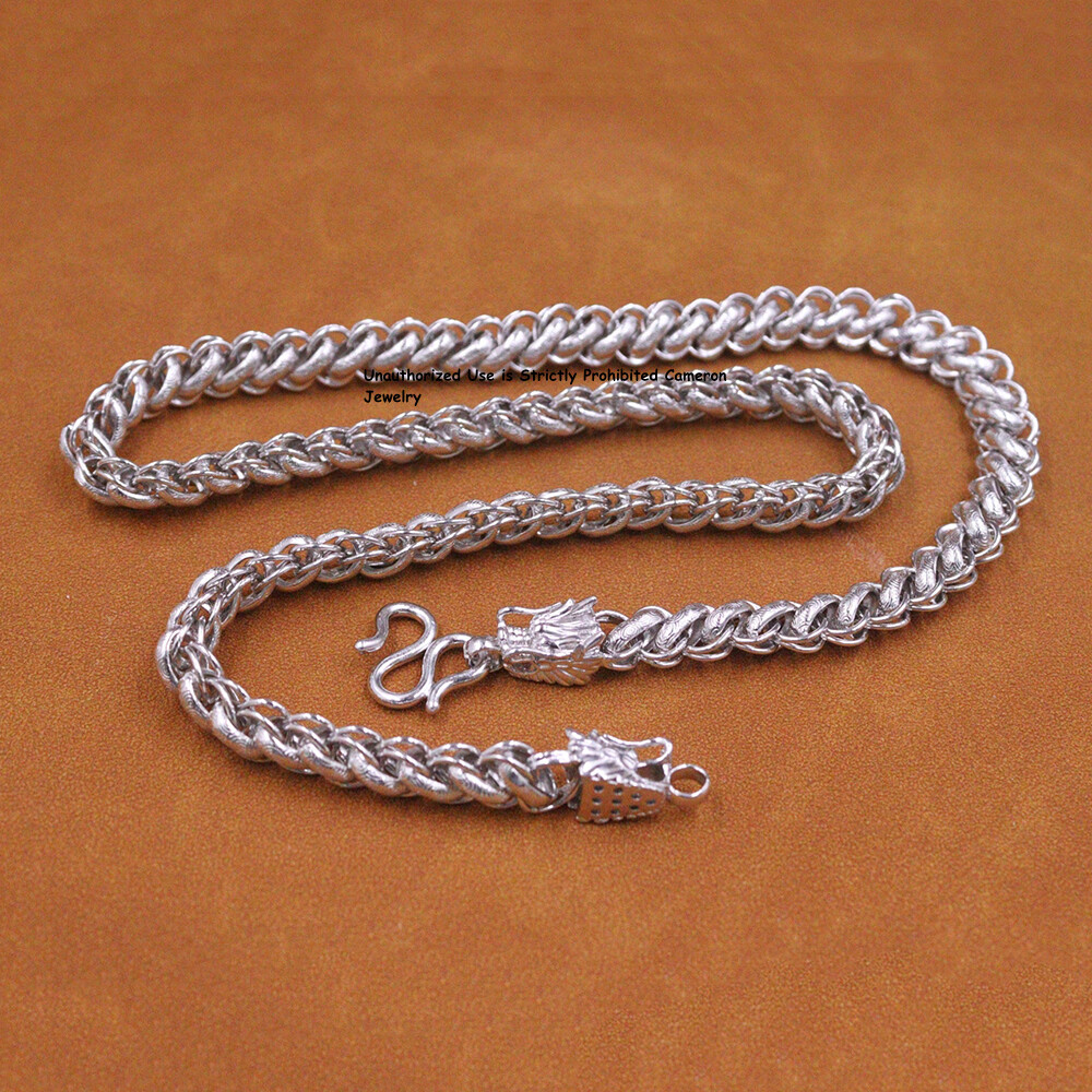 Pure S999 Fine Silver Chain Men 10.5mm Dragon Thailand Link Necklace 103g 25inch
