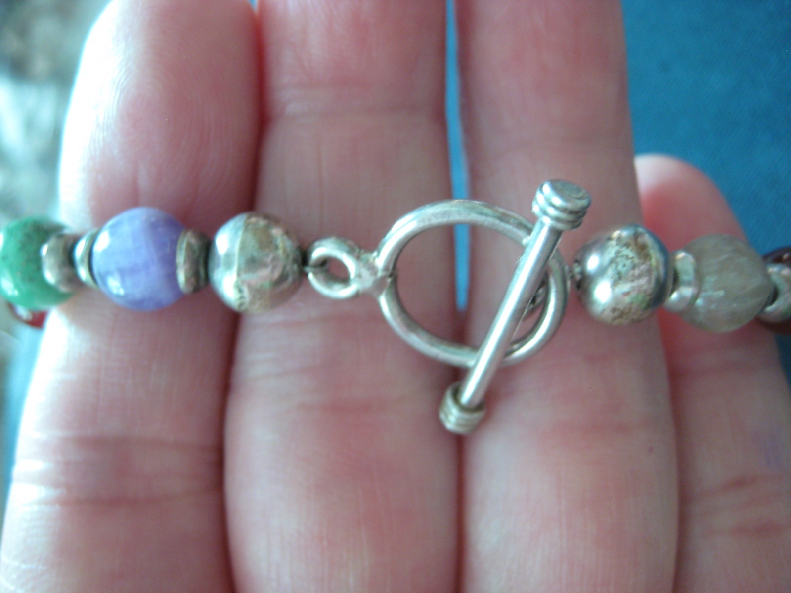 Sterling Silver Multi Bead Gemstone Toggle Clasp Bracelet 7.5″ (C9)