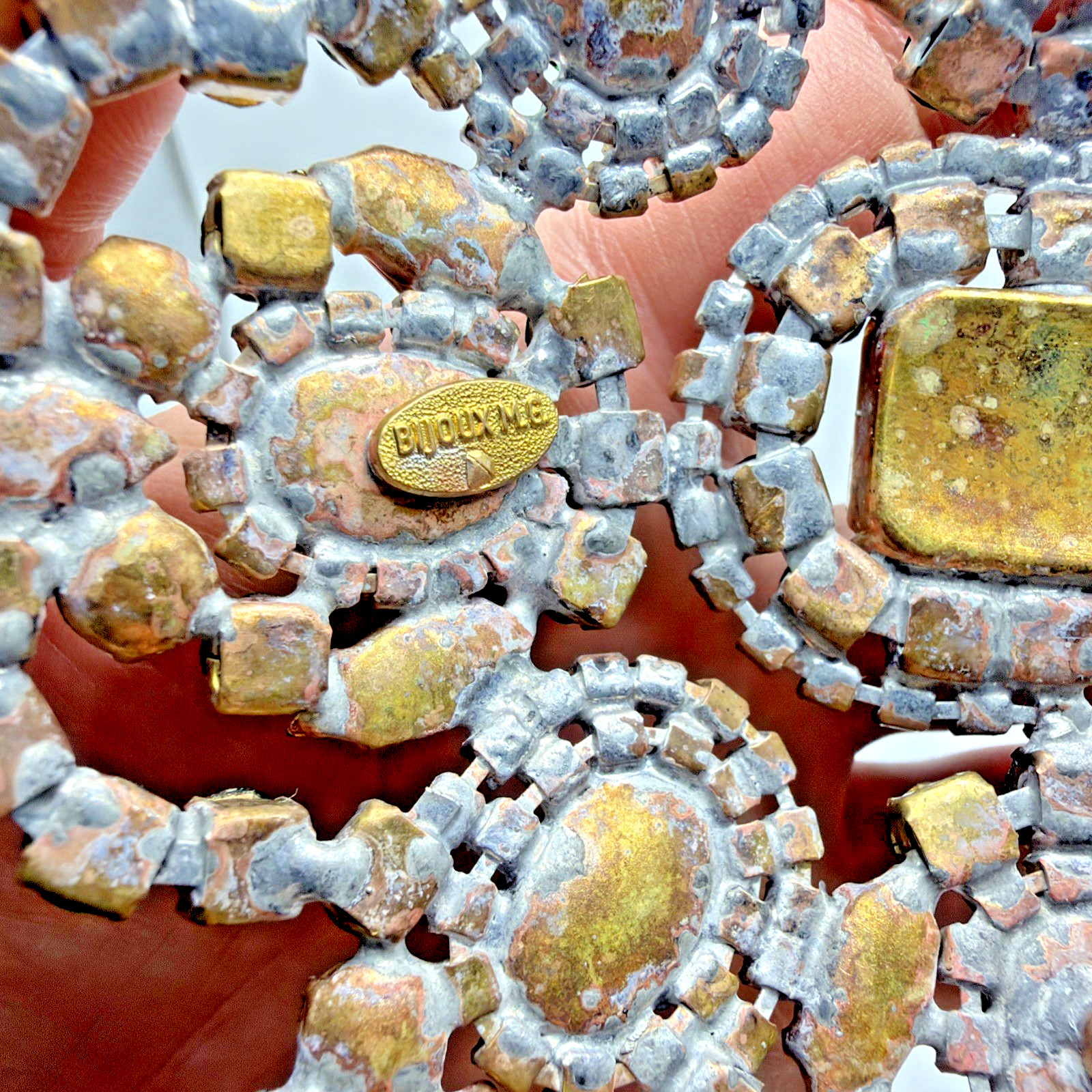 Vintage Bijoux Statement Crystal Rhinestone Brooch Green Orange Tones