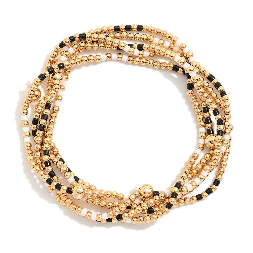 Set of 5 Game Day Beaded Stretch Bracelet Stack Black White Gold Heishi
