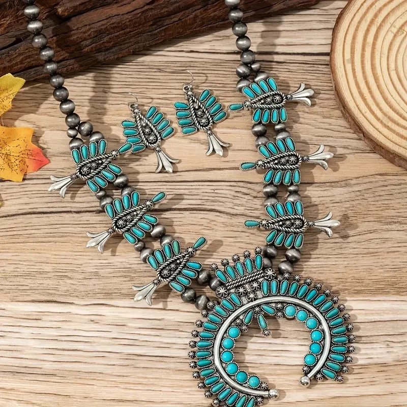 Boho 925 Sterling Silver Gypsy Ethnic Tibetan Turquoise Earrings Necklace Set