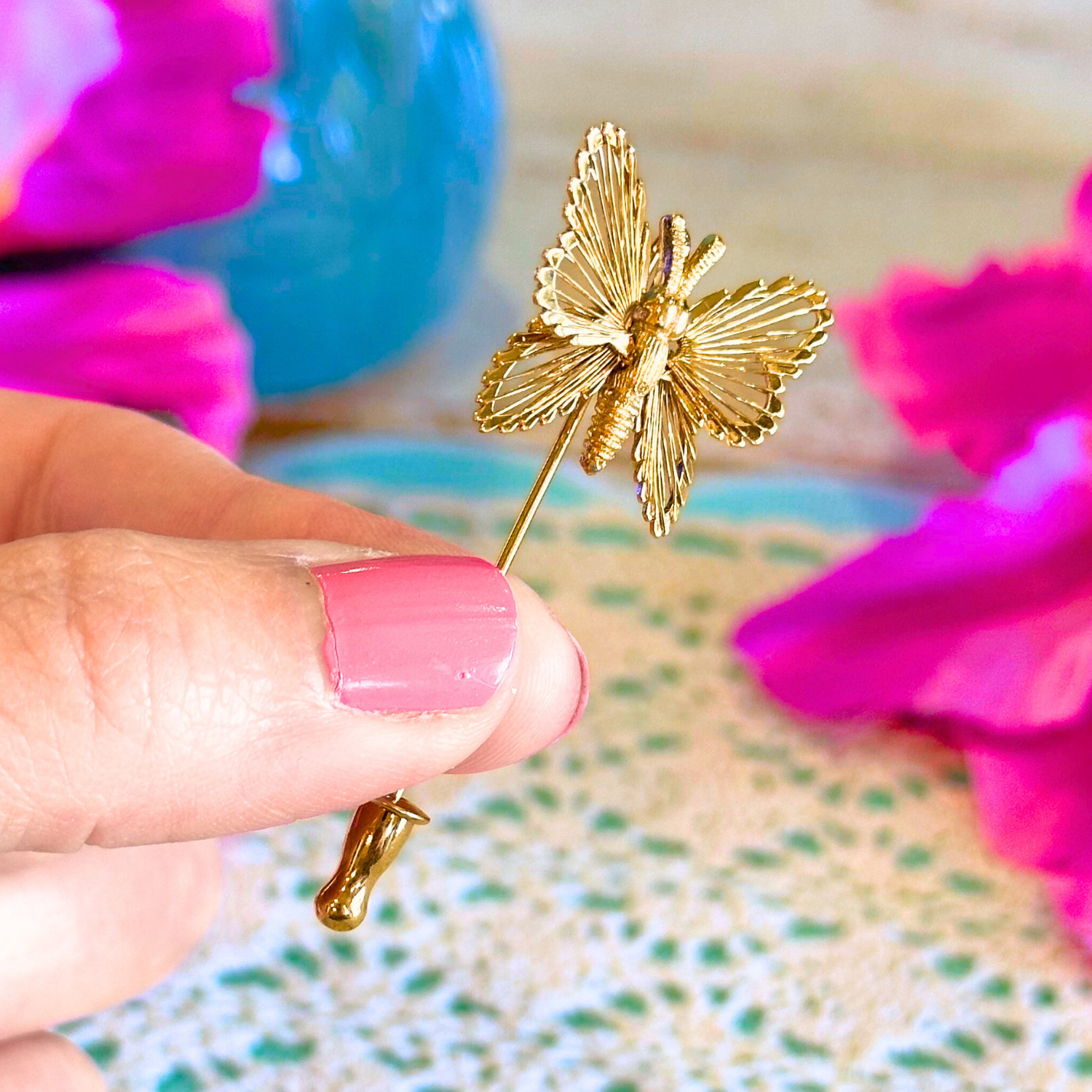 Vintage Monet Butterfly Stick Pin Gold Tone Signed Lapel Hat Scarf Pin