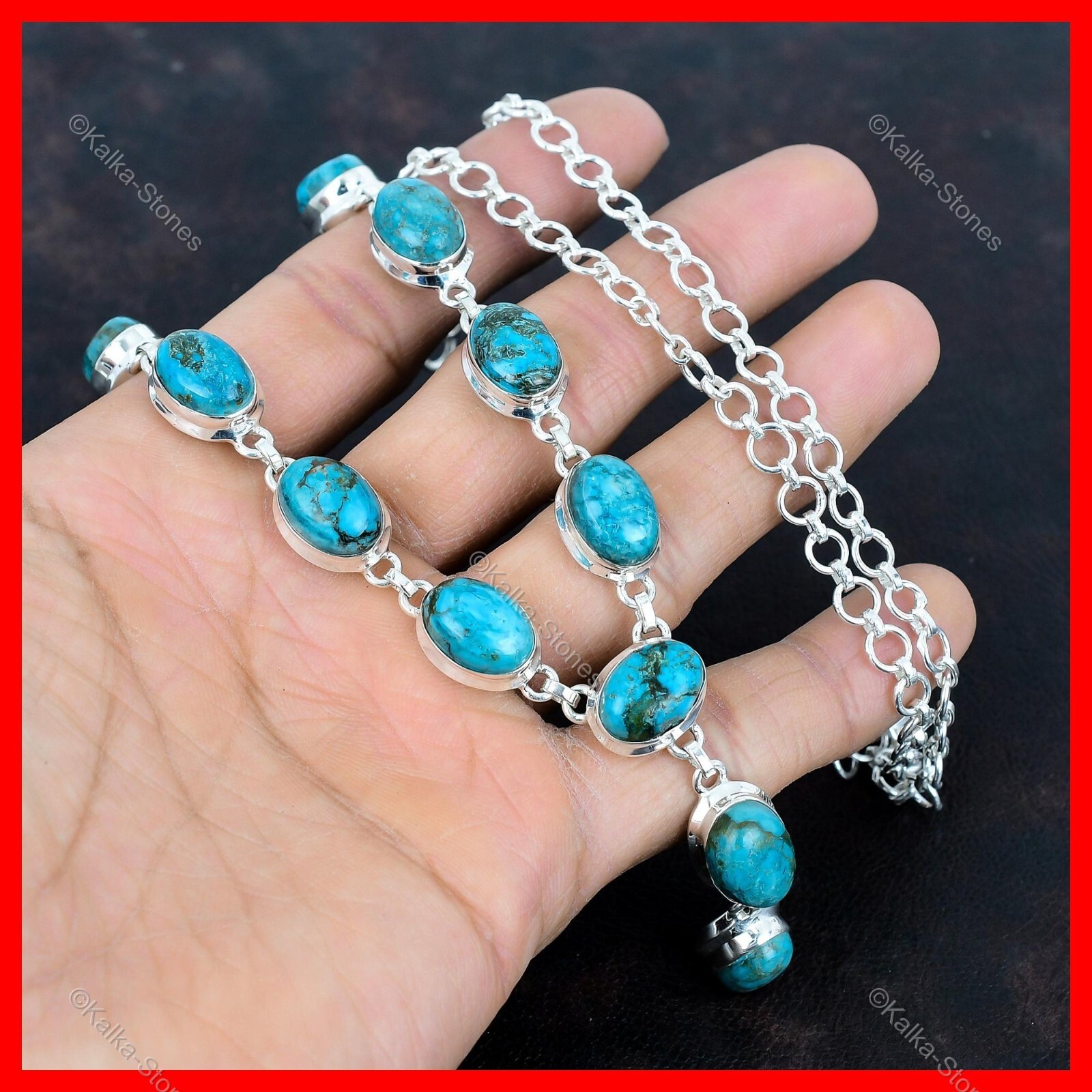 Oval Tibetan Turquoise Stone Chain Engagement Necklace Jewelry Sterling Silver