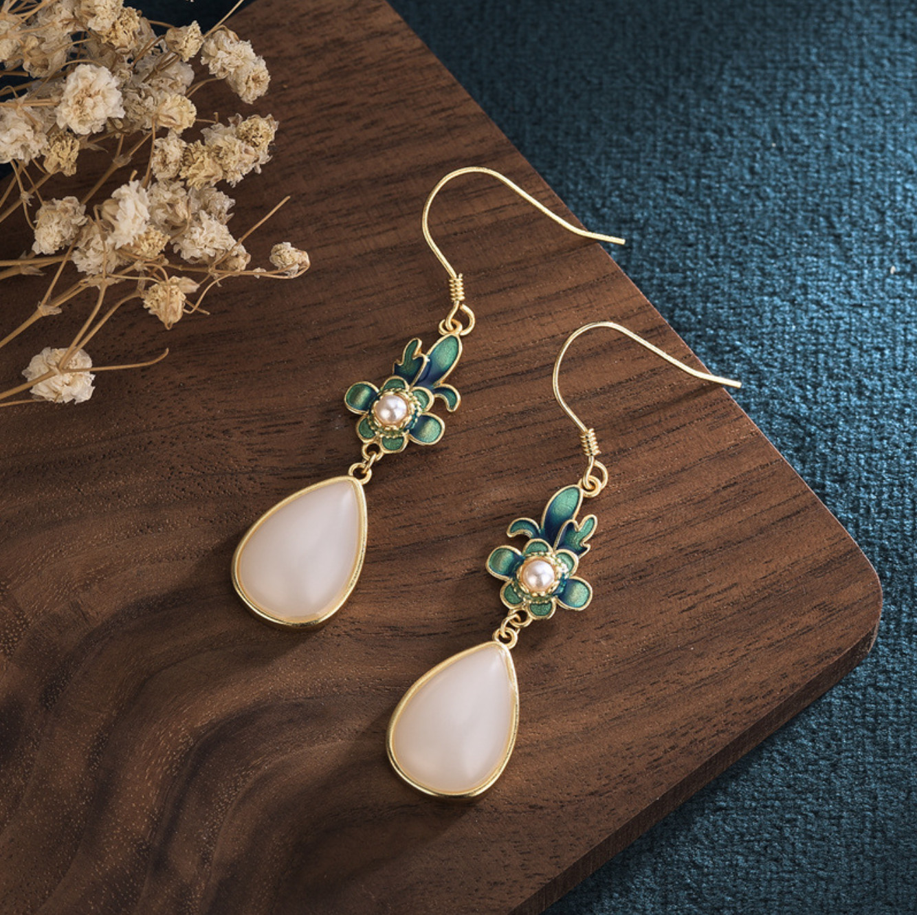 Jade Drop Dangle Earrings Flowers Cloisonne Bohemian Ear Hook 18K Gold Plated