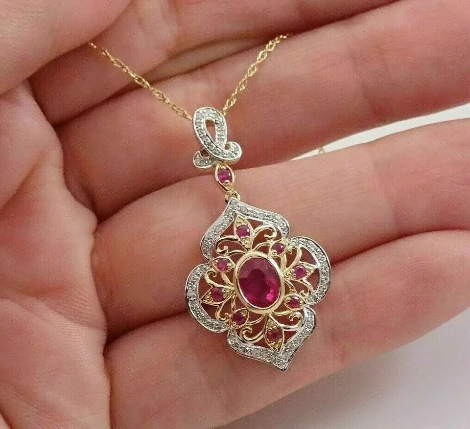 2Ct Ruby Lab Created Oval Cut Pendant 14K Yellow/White Gold Over Free Chain