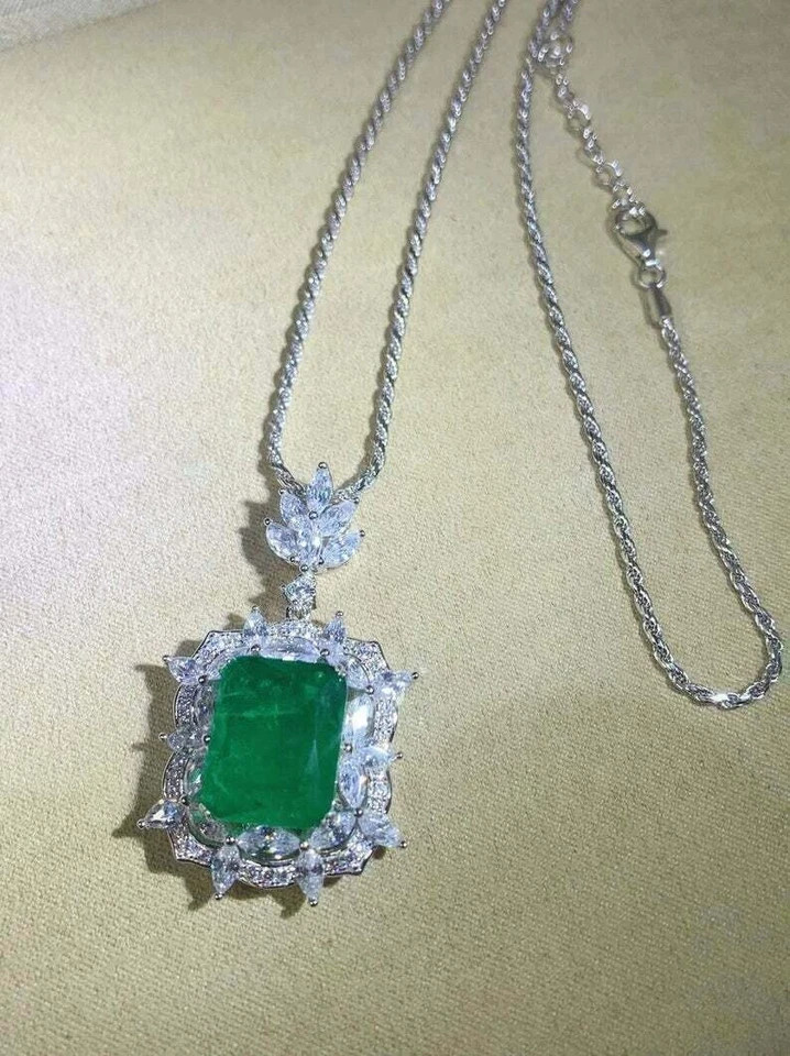 Emerald & Diamond 18K White Gold Over Pendant 18″ Chain Necklace Gifts For Her