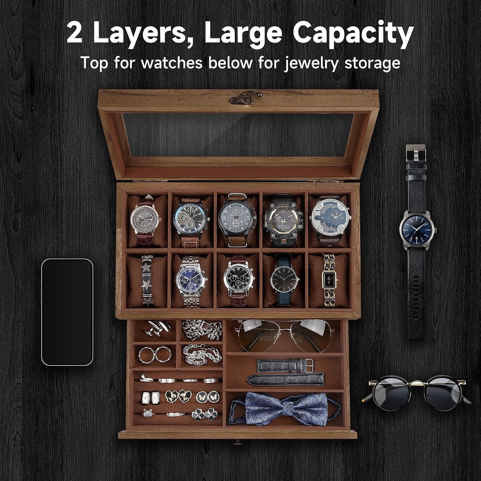 GALHUBIS Watch Box for Large Dial Watches, 10 Slots, Jewelry Organizer