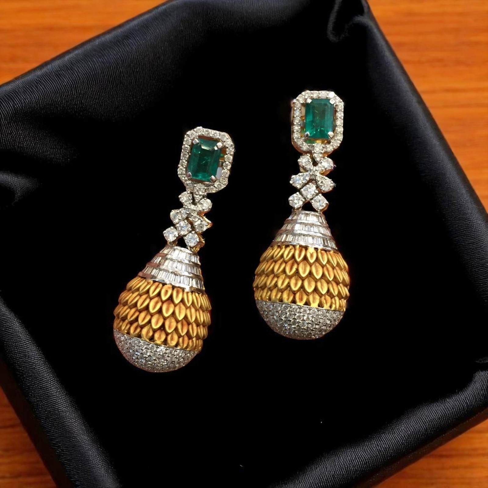Elegant 6.30 Cts Round Baguette Shape Diamond Emerald Dangle Earrings 14K Gold