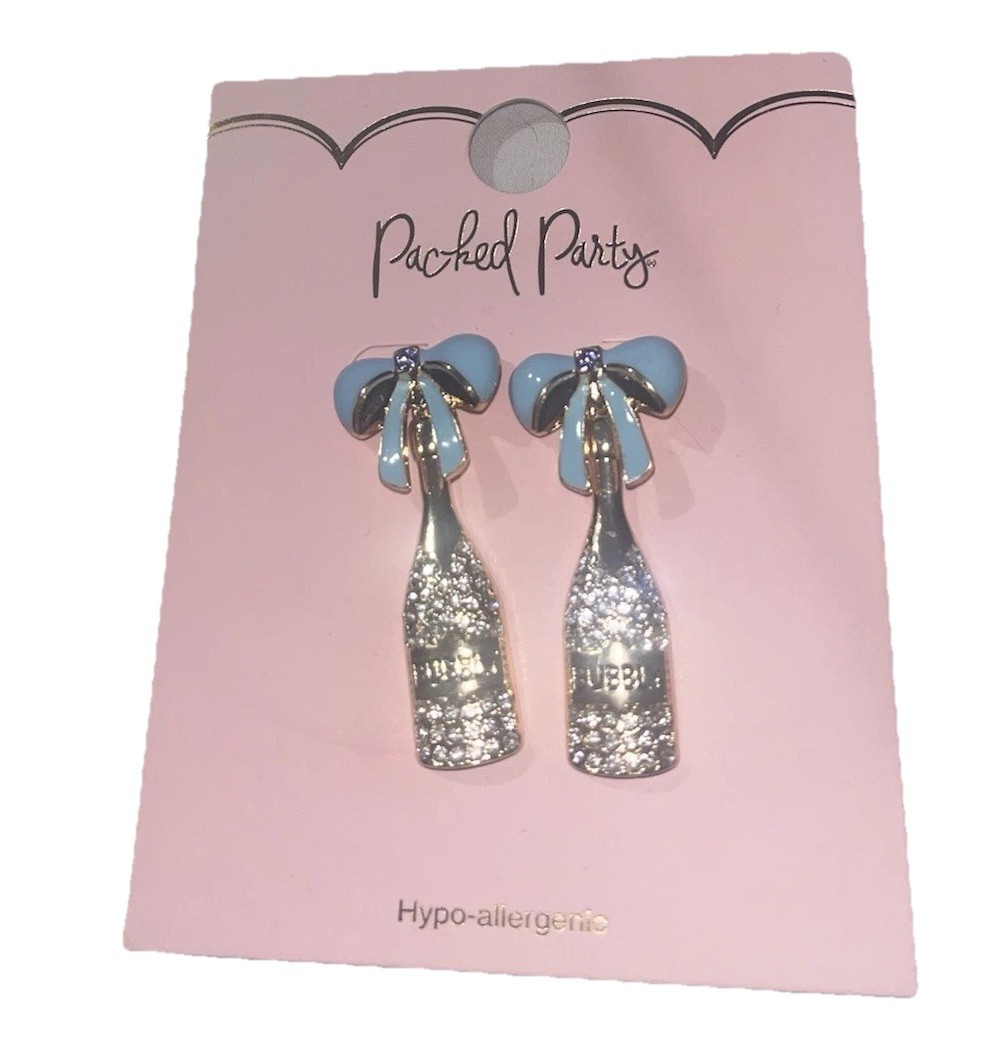 Packed Party Champagne Bottle Earrings Hypo Allergenic Bling Rhinestone Drink