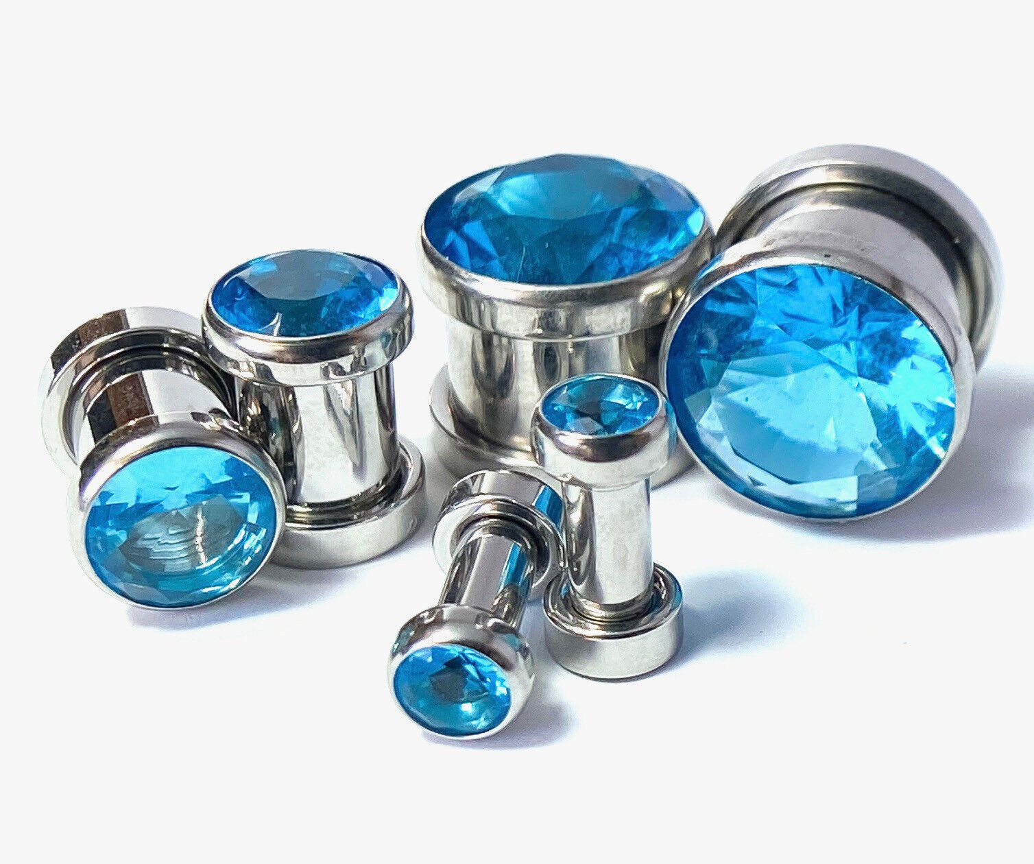 PAIR Large Aqua Blue Gem Screw Fit Tunnel Plug Gauge Body Jewelry Piercing