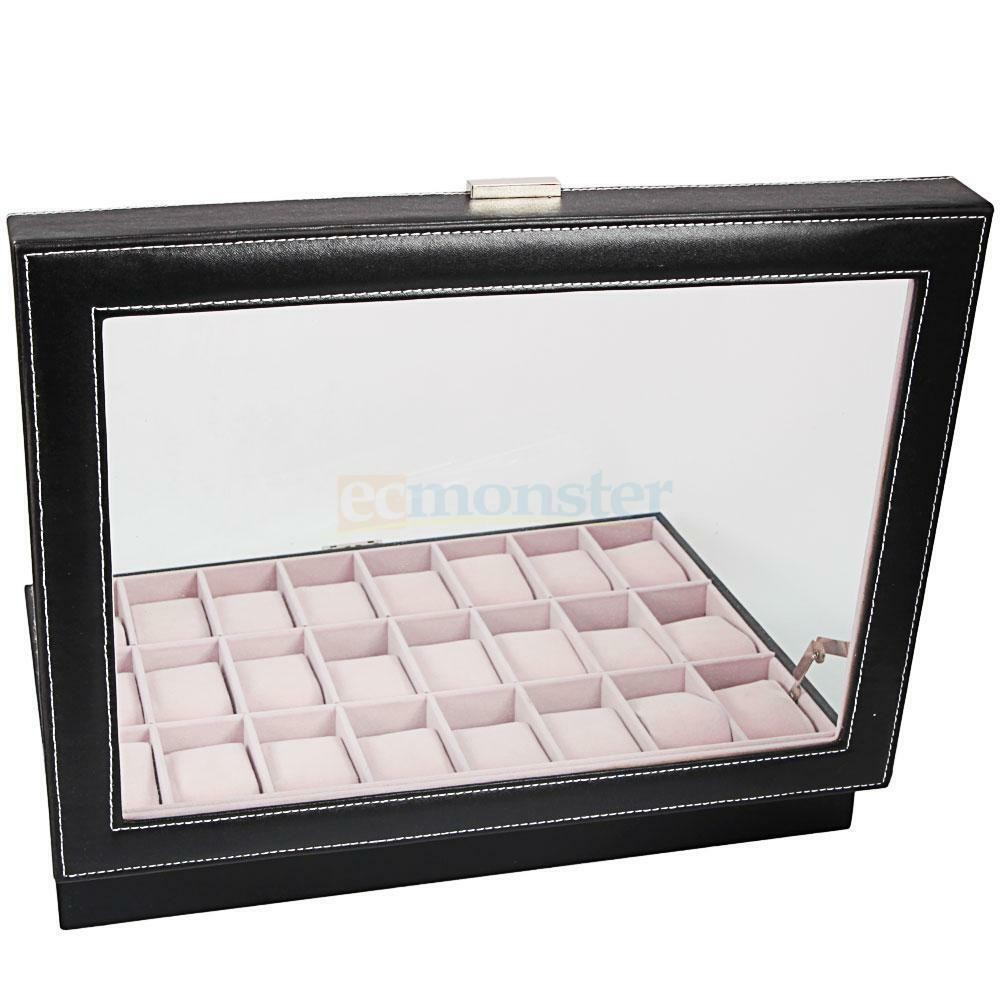 24 Slots Watch Box PU Leather Watch Case Organizer Display Watch Cabinet Black