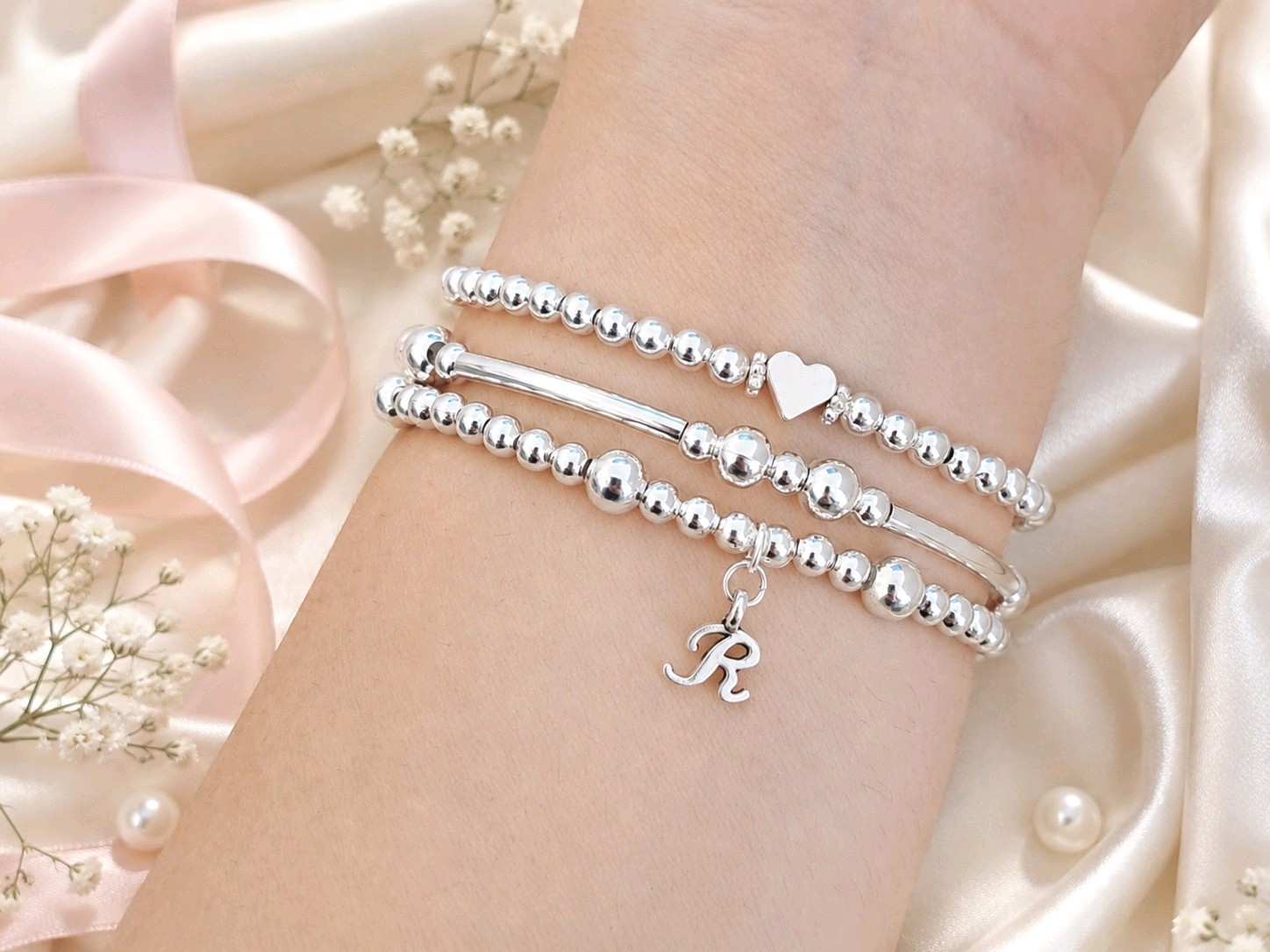 Personalised Initial Heart Bracelet Set Silver Bead Stacking Gift Women