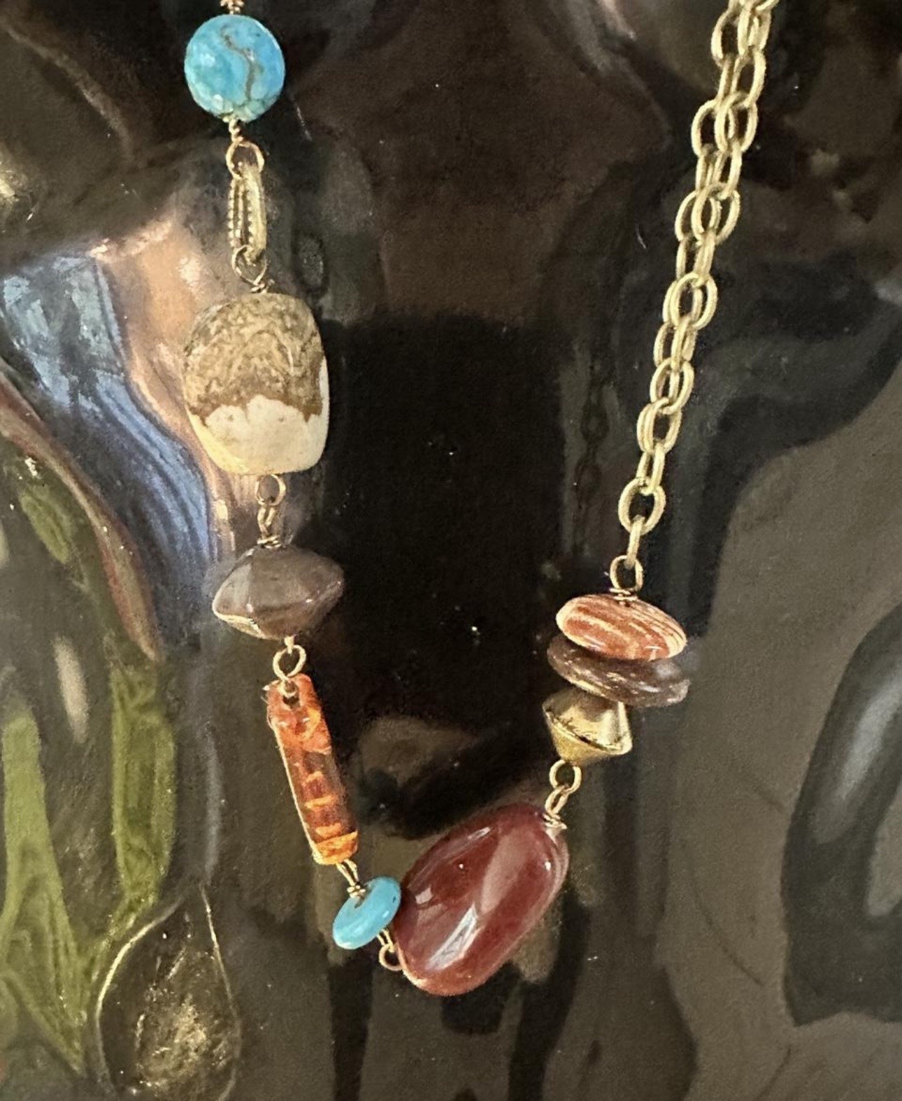 Boho Multicolor Gemstone Beaded Necklace Oval Link Chain Asymmetrical Pendant