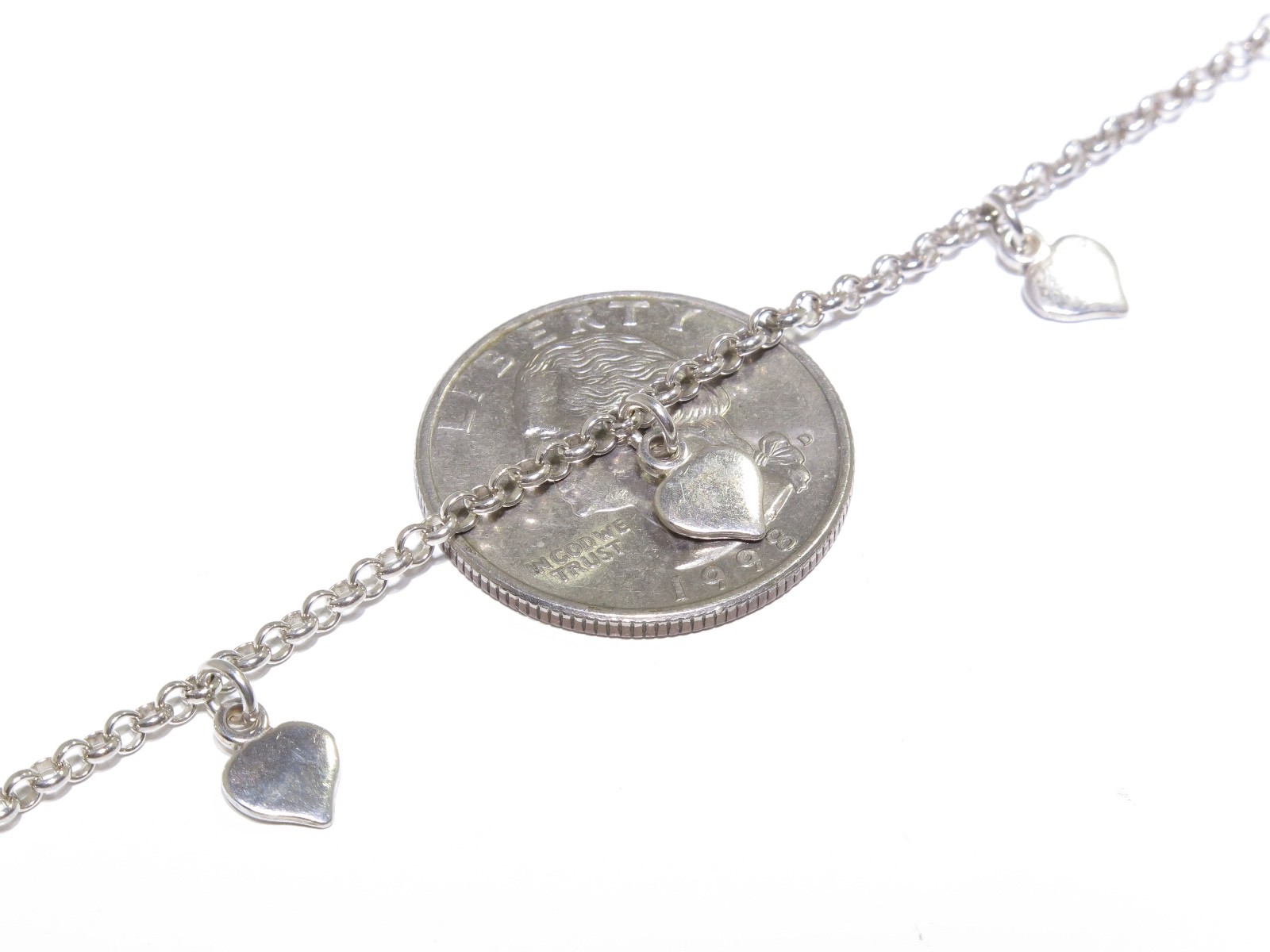 Ladies Silver .925 Round Link 5.3 Gram 10 inch Heart Charm Bracelet