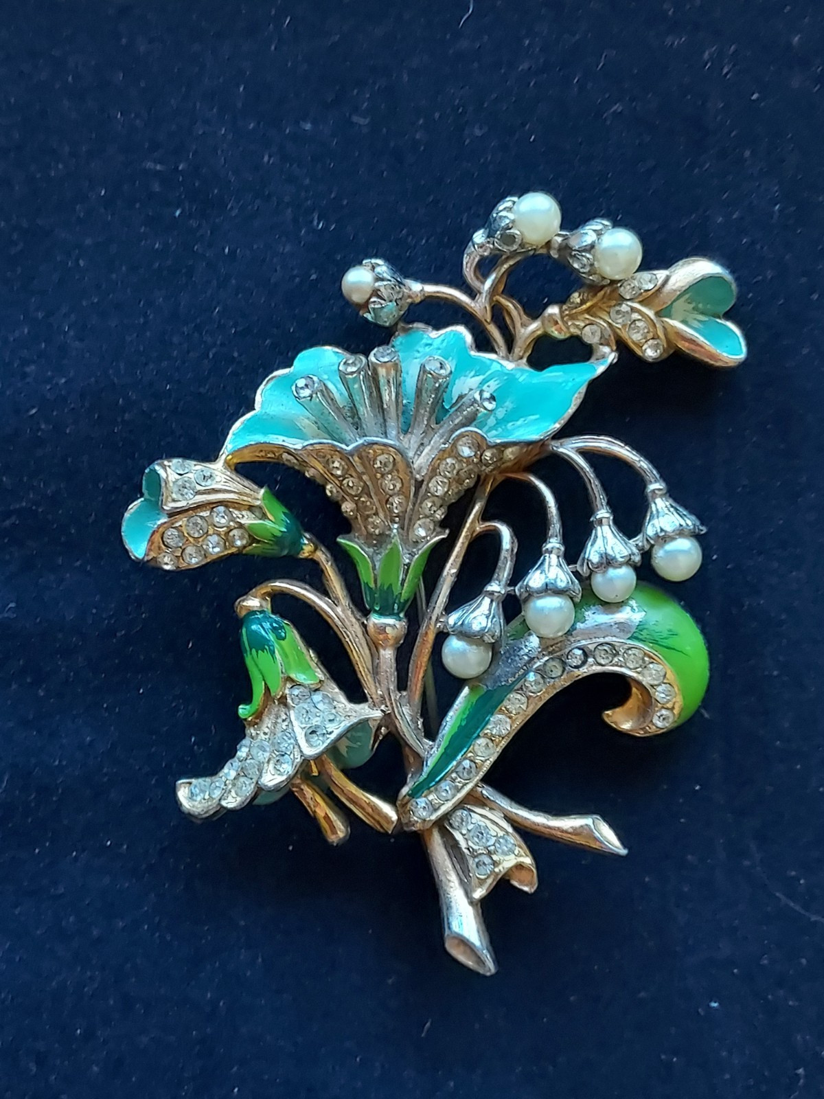 Vintage Blue Green Enamel Rhinestone Pearl Flower Brooch Pin “B” Boucher?
