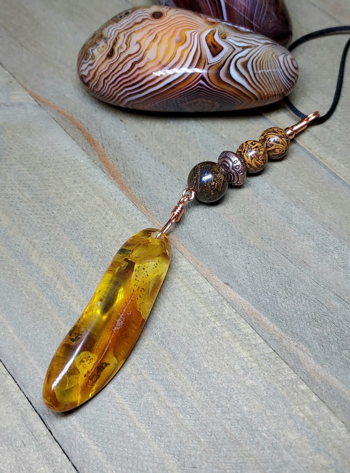 Baltic Amber Long Pendant With Brown Gemstones In Copper Artistic Hand Polished