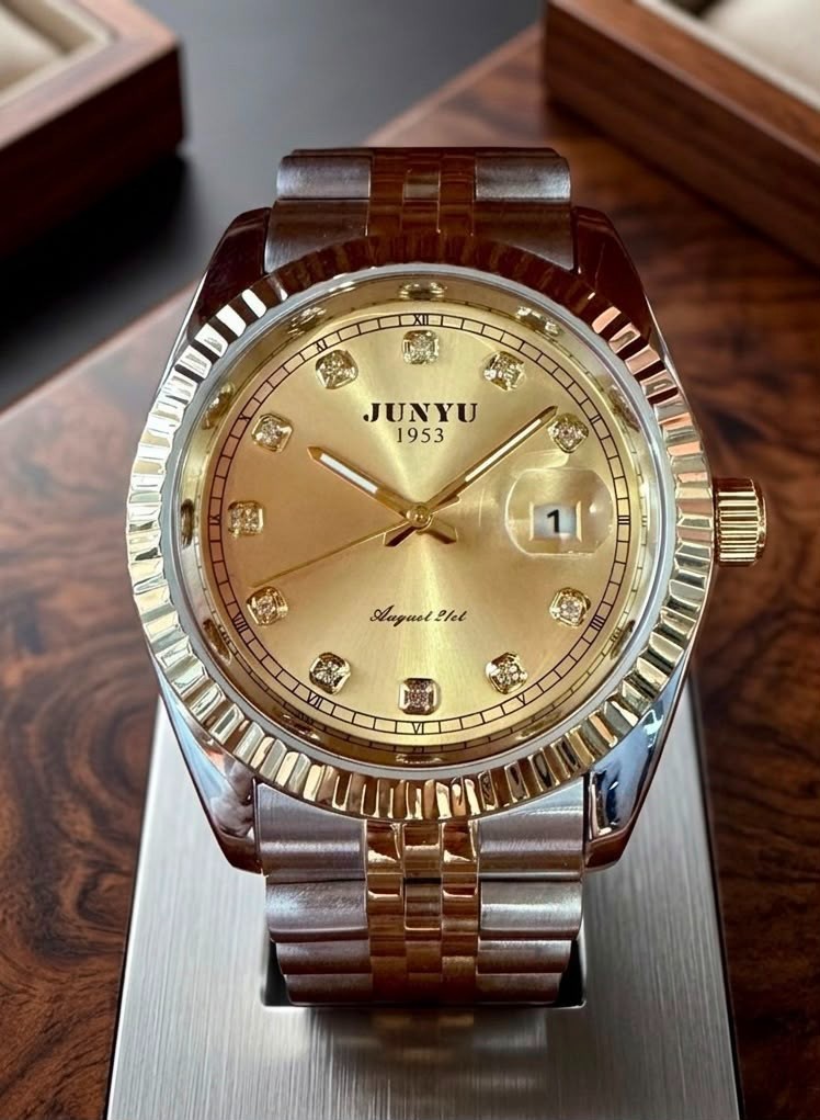 JUNYU 1953 Automatic Luxury Watch Gold Dial Diamond Markers Two Tone Datejust