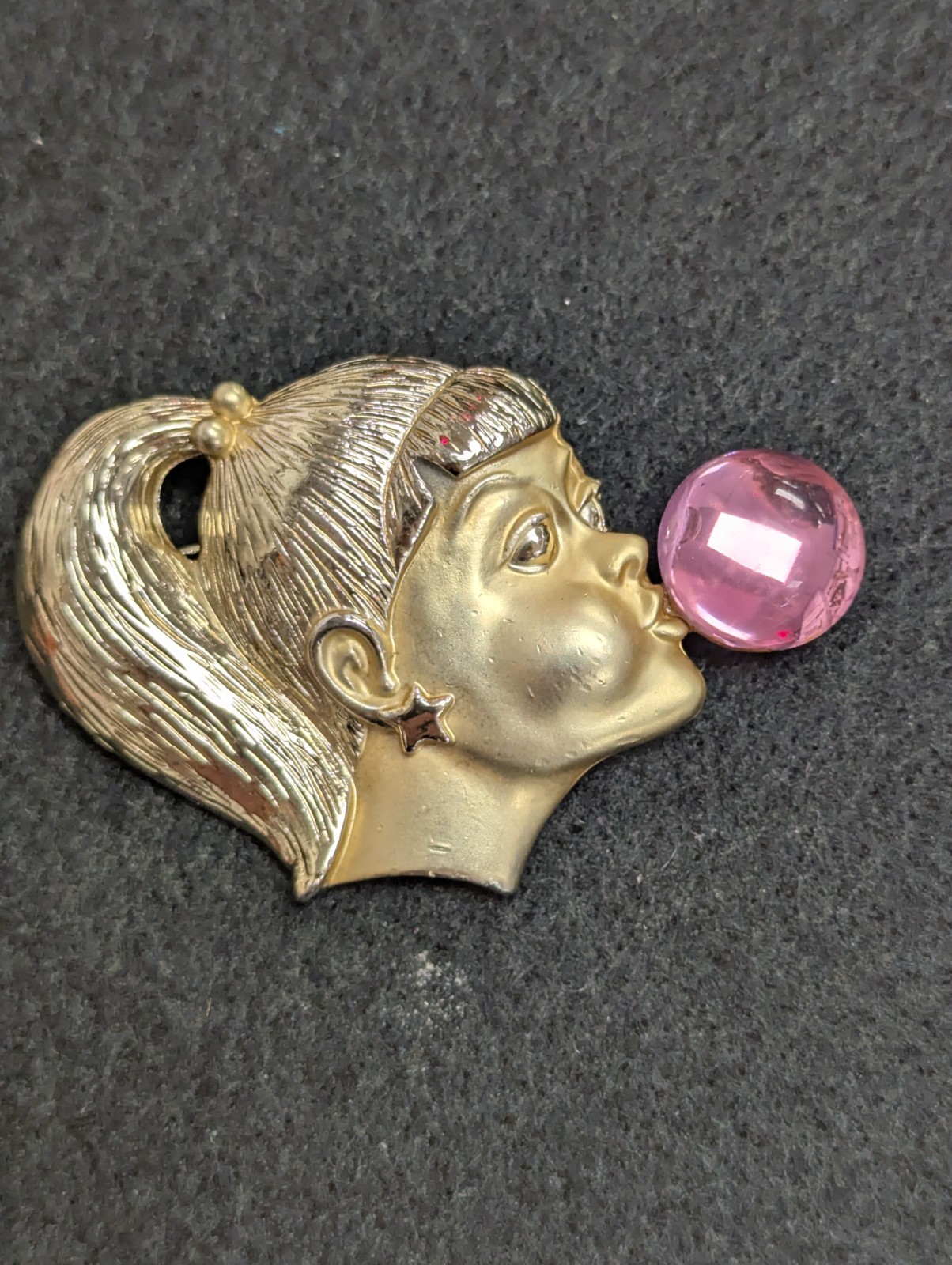 Vintage AJC American Jewelry Bubble Gum Girl Brooch Gold Tone Pink Bubble Signed