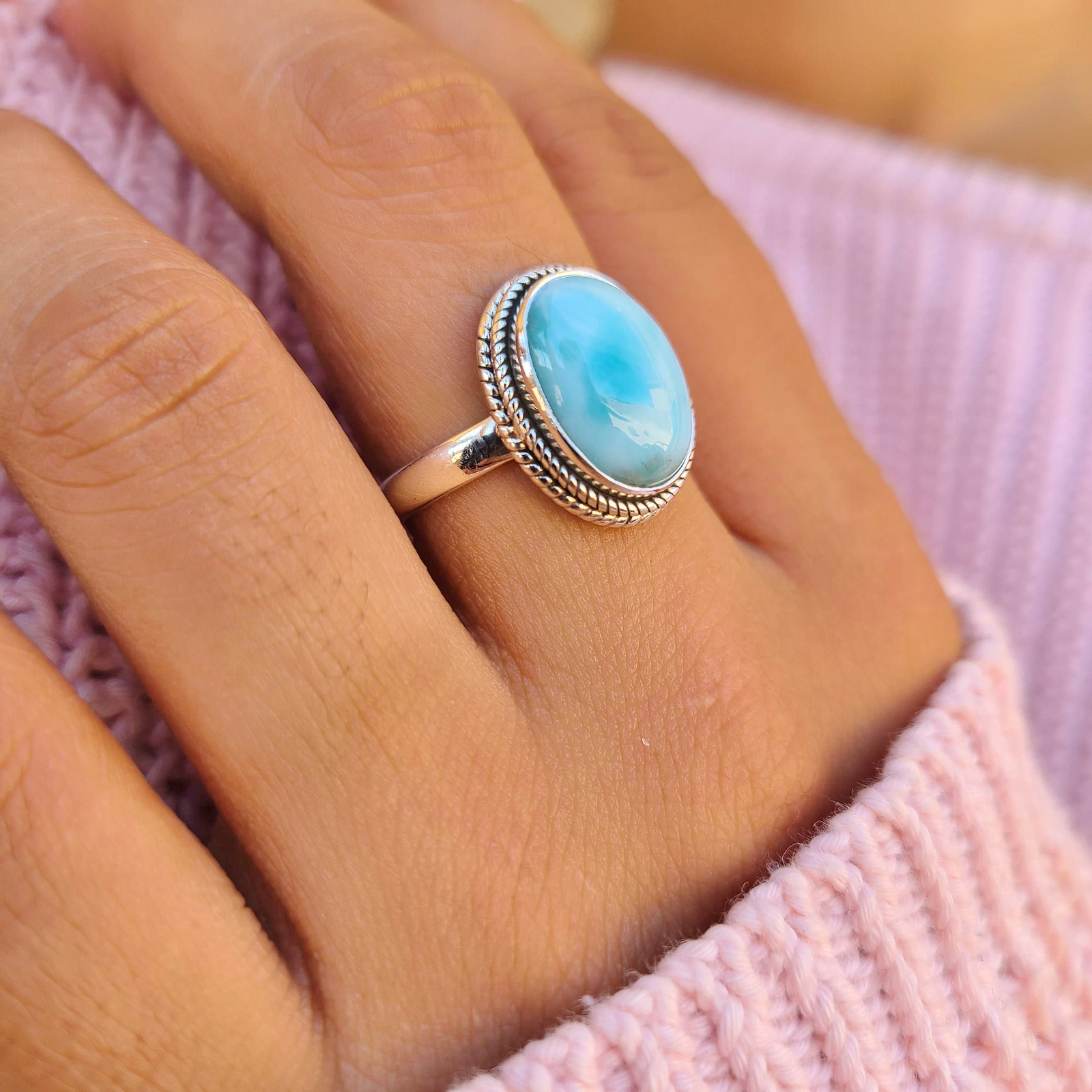 Genuine Larimar Ring 925 Sterling Silver Statement Ring Hand Made Ships From USA