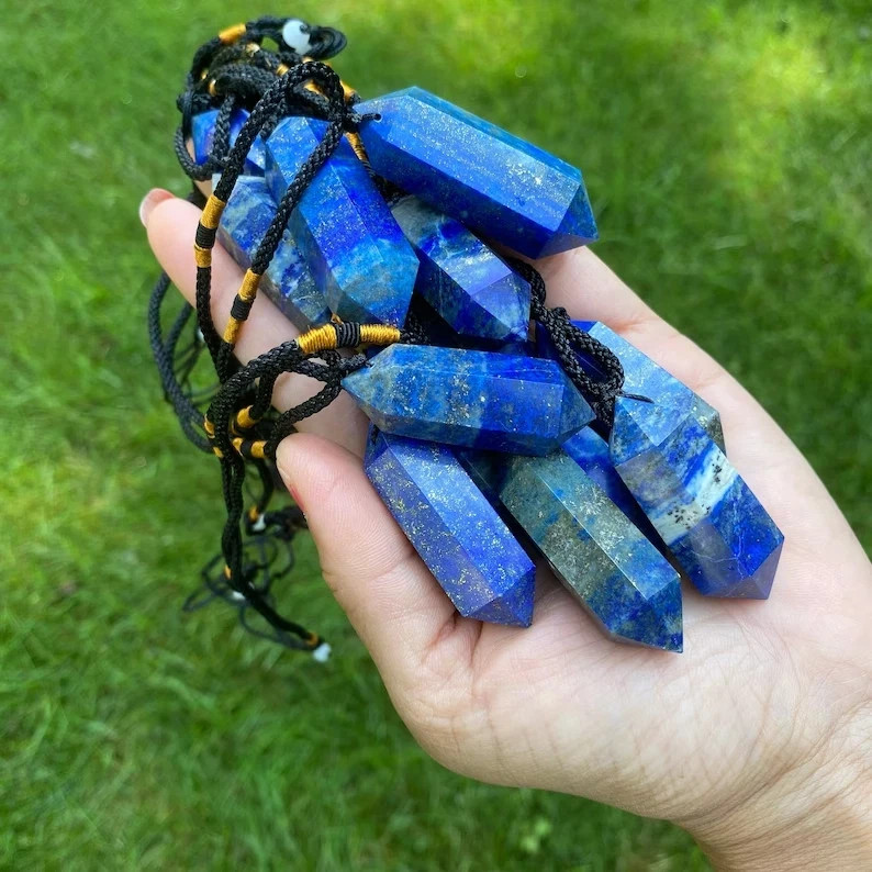Deep Blue Lapis Lazuli Hexagonal Point Pendant Real Gemstone Protection Jewelry